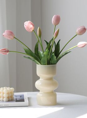 高档胶感郁金香仿真花假花花束摆设客厅餐桌茶几摆件装饰白色粉色
