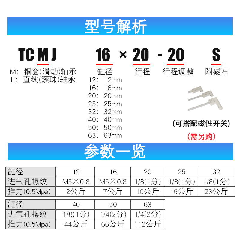 亚德客三轴气缸可调行程TCMJ/TCLJ16/20/25/32X10*20-30X40X50X75-图1