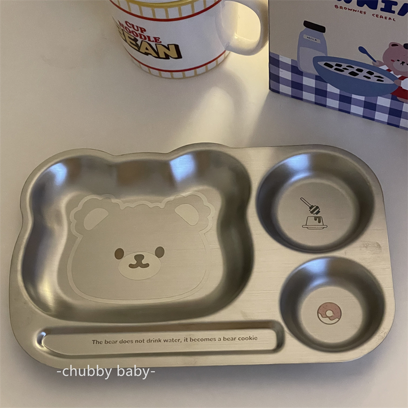 chubbybaby*一人食系列~吃饭也要可爱ins风小熊脸不锈钢分格餐盘-图2