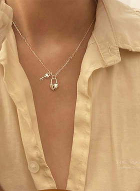 同心锁纯银镀金项链女