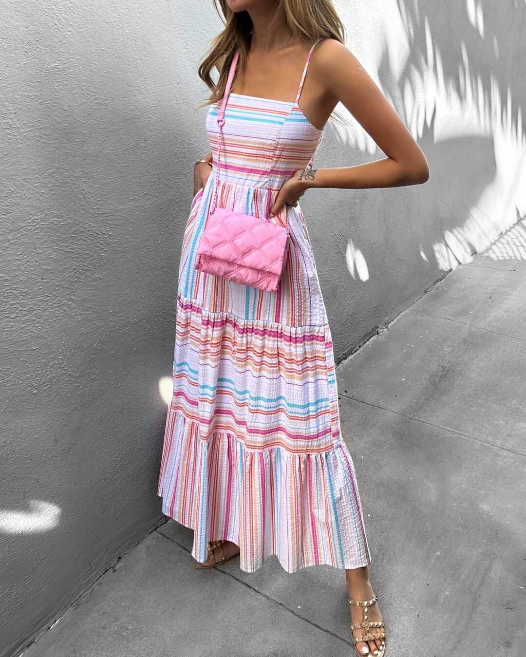 Women's fashion long summer striped suspender dress 条纹长裙 - 图0