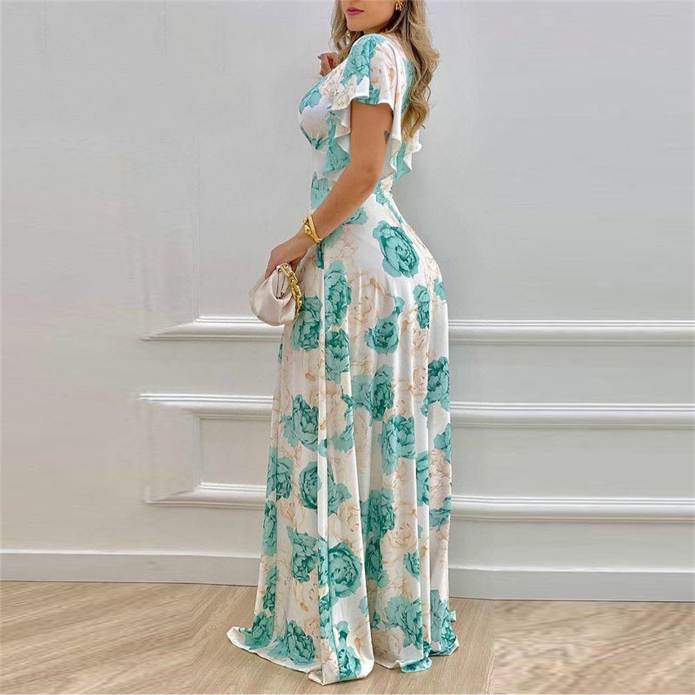 2023 Floral V-Neck Waist Wrap Print Large Swing Dress 连衣裙 - 图1