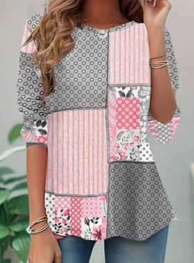 Long sleeved round neck retro plaid style women's shirt T恤