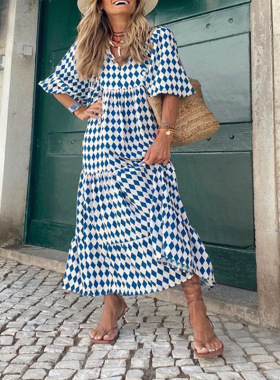 Women's loose Bohemian V-neck printed dress long skirt dress