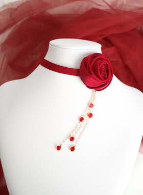 复古新年圣诞酒会纯欲酒红玫瑰花choker颈链项圈锁骨链流苏项链