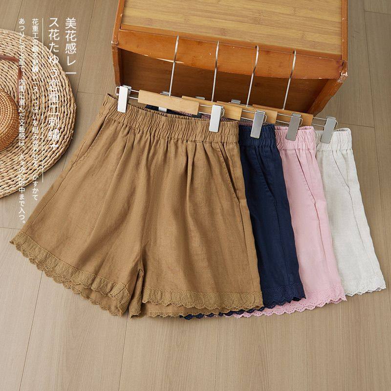 文艺风棉麻短裤女新款大码高腰宽松显瘦减龄花边阔腿裤五分休闲裤,淘宝优惠券,粉丝福利购,淘宝优惠卷
