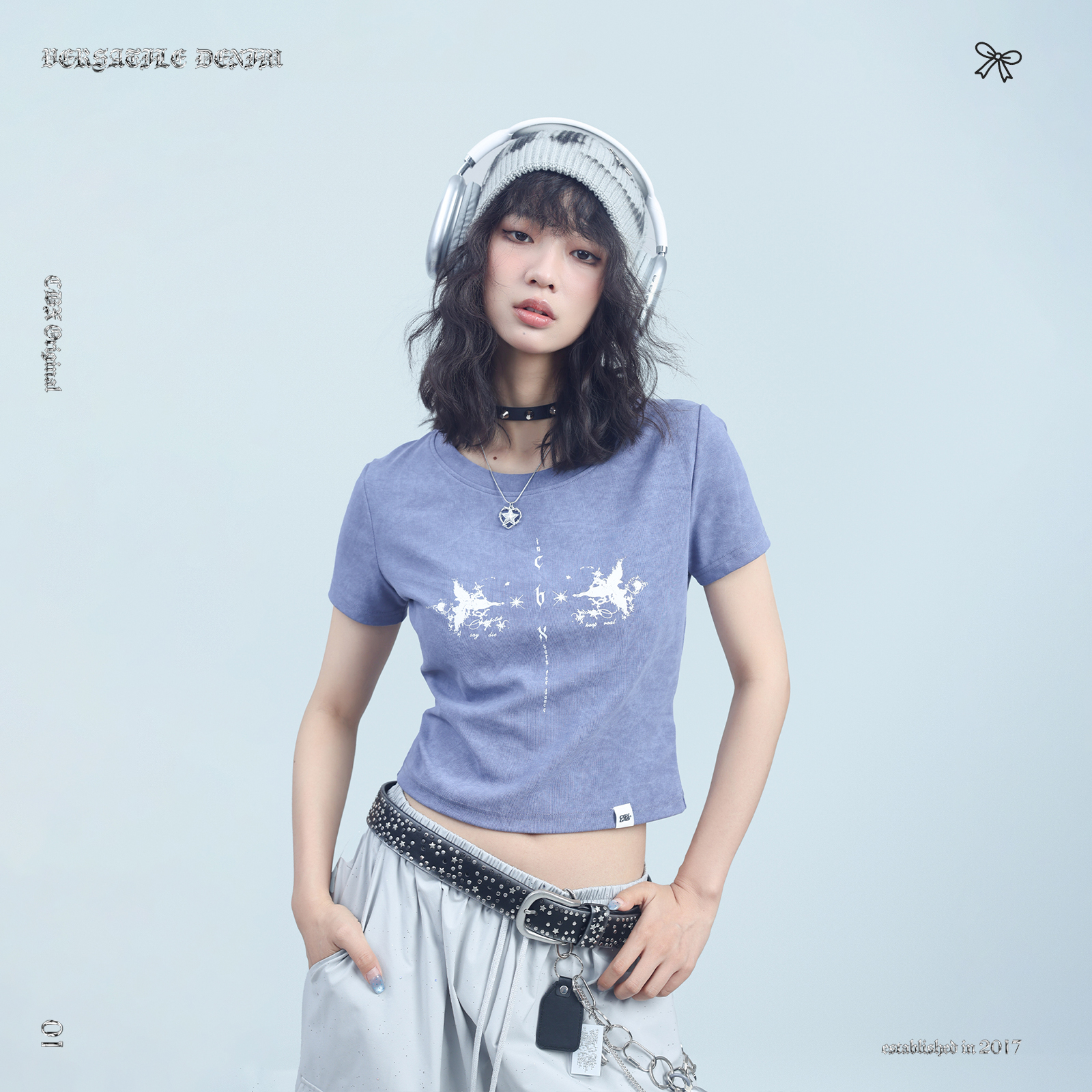 CBXLAB街舞潮牌晕染做旧正肩显瘦修身短袖水洗辣妹复古轻亚上衣女 - 图1