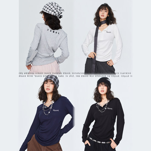 CBXLAB街舞潮牌柔软高弹跳舞爵士上衣侧缝压褶显瘦美式辣妹长袖女 - 图0