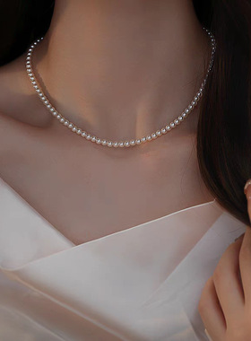 施家小珍珠白贝母贝项链女轻奢新款叠戴双层锁骨链细小众珍珠项链