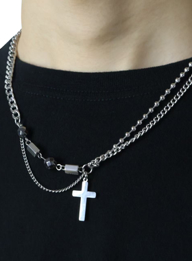 双层拼接十字架钛钢情侣项链