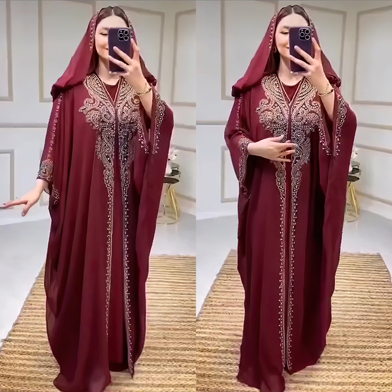 阿拉伯烫钻钉珠罩袍非洲大码连帽连衣裙 African oversized dress - 图2