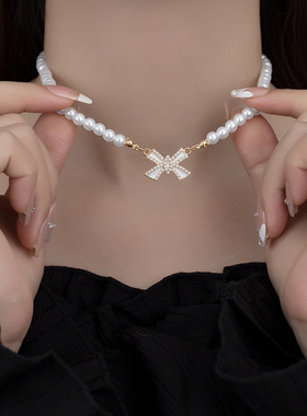 蝴蝶结贝珠轻奢项链女