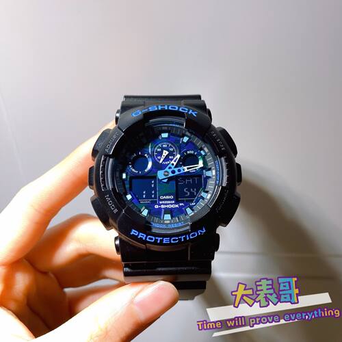 CASIO卡西欧双显防水运动手表G-SHOCK蓝迷彩电子男表 GA-100CB-1A - 图0
