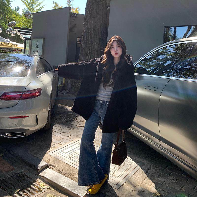 alex stevens 颗粒绒羊羔毛外套连帽女冬季宽松加厚黑色毛毛外套,淘宝优惠券,粉丝福利购,淘宝优惠卷