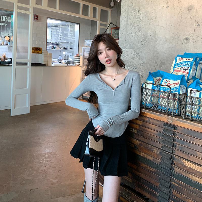 alex stevens辣妹修身半开领T恤女秋季显瘦设计感内搭打底衫上衣 - 图1