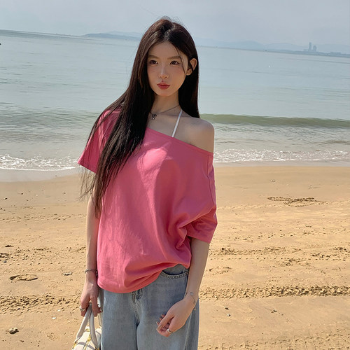 alex stevens美式高街一字肩斜肩短袖t恤女夏季纯色露肩上衣 - 图3