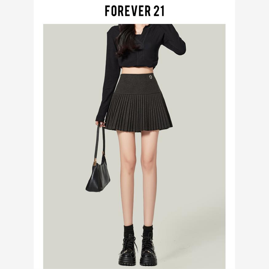 Forever21白色伯克利半身裙女2023秋冬款高腰毛呢A字短裙jk百褶裙