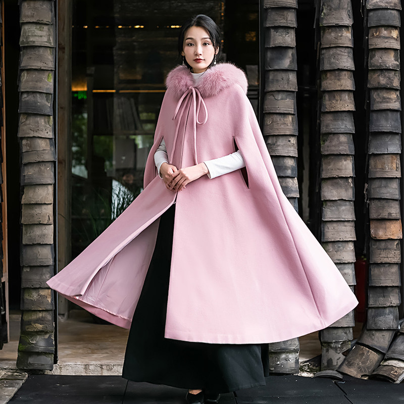 素飞斗篷中国风改良大毛领毛呢汉服 素飞汉服