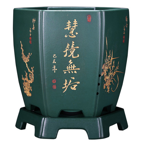 紫砂兰花盆君子兰盆家用室内桌面花盆带托盘高档六方形兰花专用盆 - 图3
