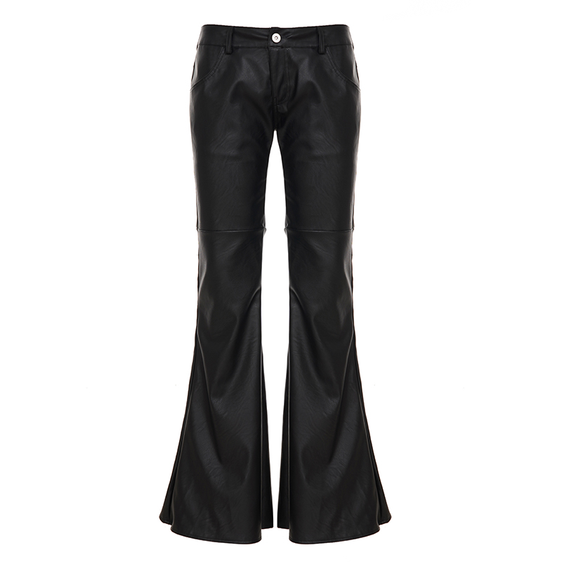 WEEKEEP 街头暗黑风辣妹分割低腰微喇皮裤百搭基础修身显瘦长裤潮 - 图3