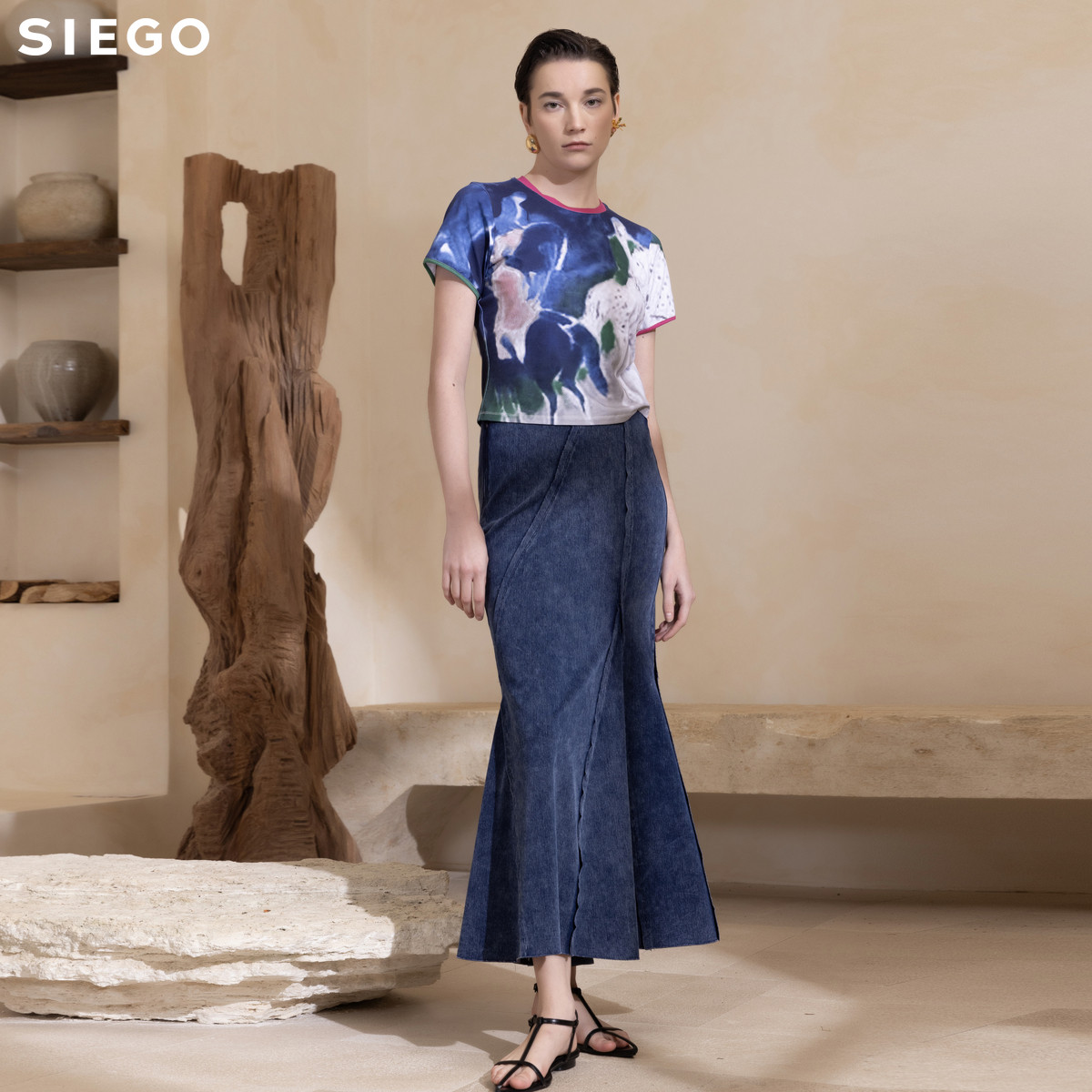 Siego西蔻截短款个性水墨印花撞色边短袖T恤64435208 - 图2
