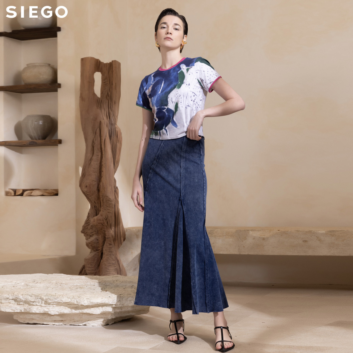 Siego西蔻截短款个性水墨印花撞色边短袖T恤64435208 - 图1