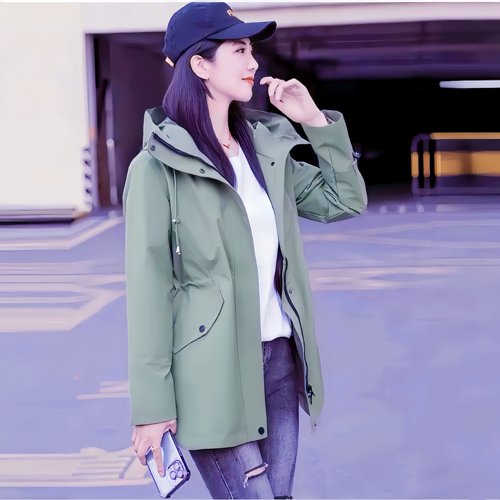 冲锋衣女春秋西藏户外收腰连帽风衣外套中长款防风防泼水软壳衣潮 - 图1