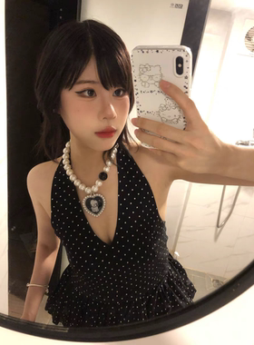 黑白撞色小狗珍珠爱心吊坠项链女卡通可爱高级感锁骨链百搭颈链