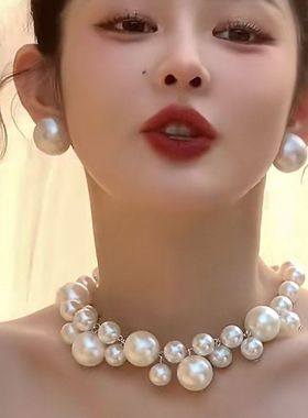 珍珠项链大号复古婚纱锁骨链轻奢小众法式白色颈链配饰高级感耳环