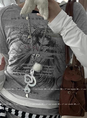 甜酷亚文化天使翅膀音符皮质项链朋克辣妹长款锁骨链少女感毛衣链