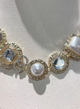 欧美夸张复古金属几何宝石巴洛克珍珠项链女中古毛衣链轻奢高级感