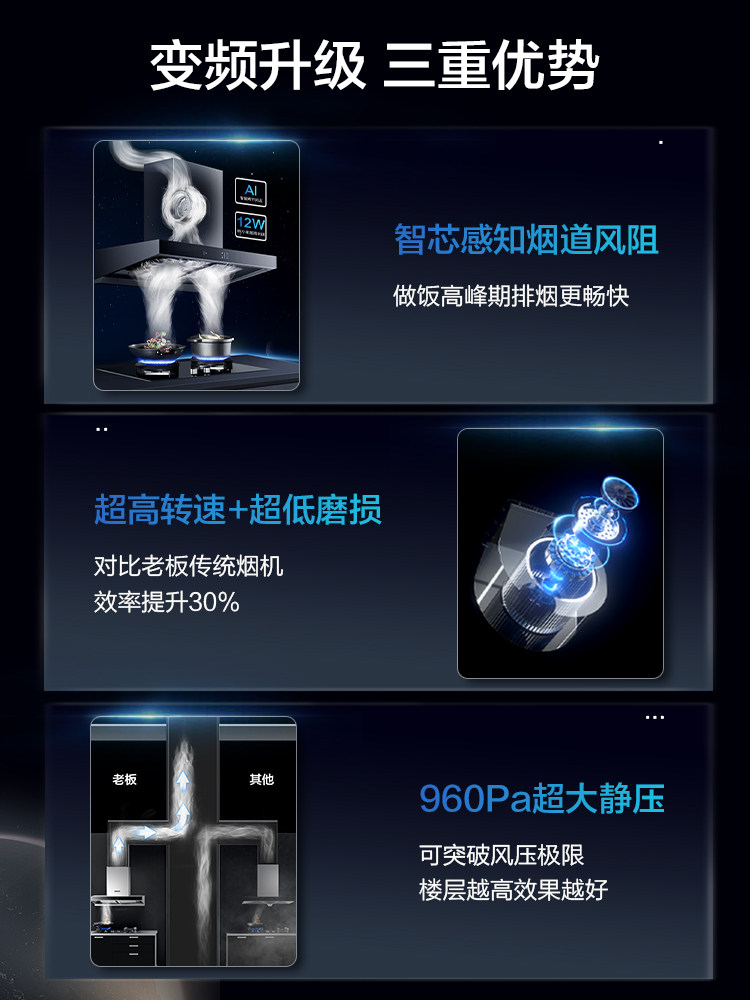 老板60D1S变频欧式顶吸抽烟机燃气灶套装60X2S同款油烟机大吸力