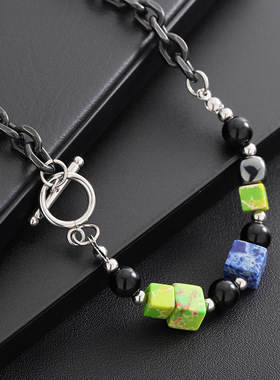 彩色方块拼接钛钢项链男简约嘻哈百搭小众个性男女配饰