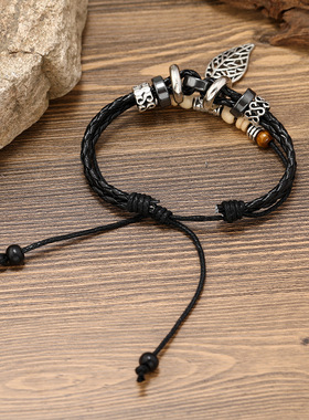 牛皮手链欧美个性可调节树叶编织