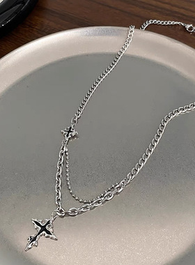 嘻哈潮流黑色十字架锁骨项链