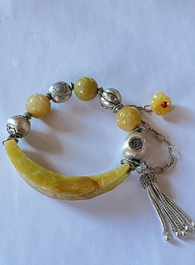 新中式国风原创天然黄翡翠复古半镯雕刻珠串老银流苏手串手链女款