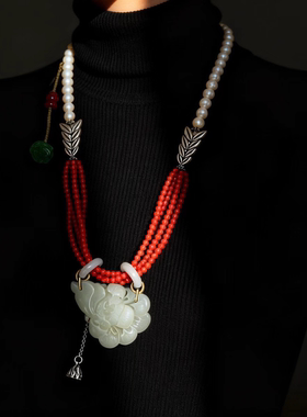 新中式国风原创天然和田玉羊脂白玉牡丹吊坠珍珠复古项链毛衣链