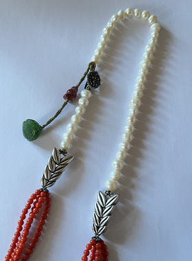 新中式国风原创天然和田玉羊脂白玉牡丹吊坠珍珠复古项链毛衣链