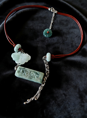 新中式国风原创天然翡翠桶珠老银牛皮绳编织项链锁骨链毛衣链