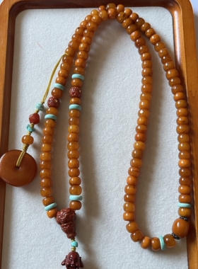 新中式国风原创天然老蜜蜡藏扣平安扣吊坠算盘珠串复古长款毛衣链