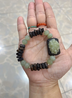 新中式国风原创设计天然和田玉花牌镶嵌沉香隔片算盘珠手串手链