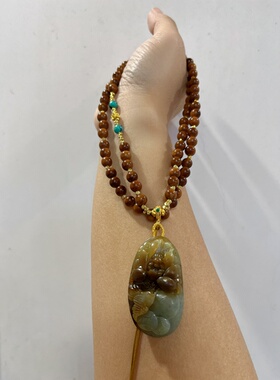 新中式国风原创设计天然和田玉花牌吊坠库克菩提绿松石项链毛衣链