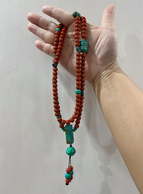 新中式国风原创设计天然南红柿子红老型108颗绿松石项链多圈手串