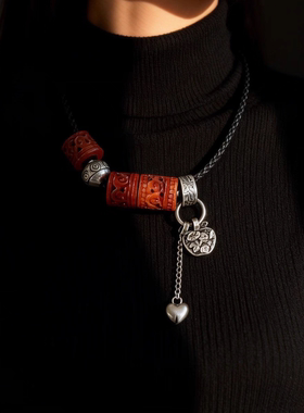 新中式国风原创天然红翡翠复古桶珠老银珠皮绳项链锁骨链毛衣链