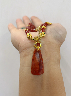 新中式国风原创设计天然南红玛瑙川料原矿牛血红火焰纹吊坠项链