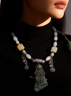 新中式国风原创天然翡翠吊坠南红荔枝冻珠串复古老银项链毛衣链女