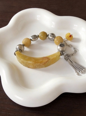 新中式国风原创天然黄翡翠复古半镯雕刻珠串老银流苏手串手链女款