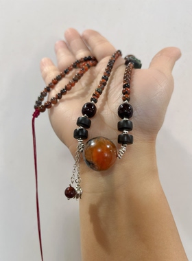 新中式原创设计天然保山南红铁皮包浆大圆珠珠串绿松石沉香项链