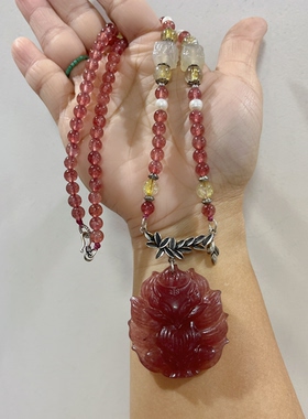 原创设计天然草莓晶水晶九尾狐吊坠吊坠金发晶珍珠多宝项链毛衣链