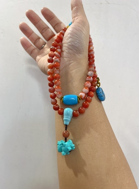 新中式国风原创天然保山南红玛瑙红白聚宝盆项链念珠松石多圈手串